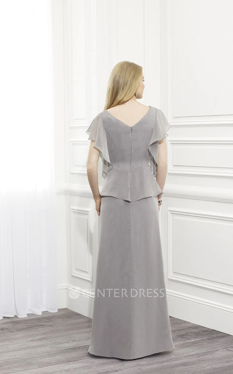 Ruched Poet Sleeve Scoop Neck Chiffon Mother Of The Bride Dress With Broach And Peplum