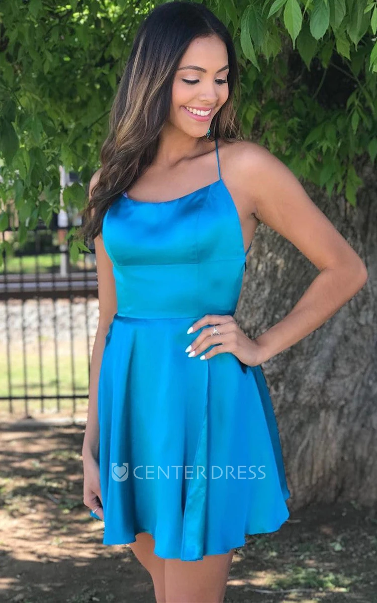 Sexy Satin Short Backless A Line Homecoming Dress With Sleeveless And Spaghetti Neckline