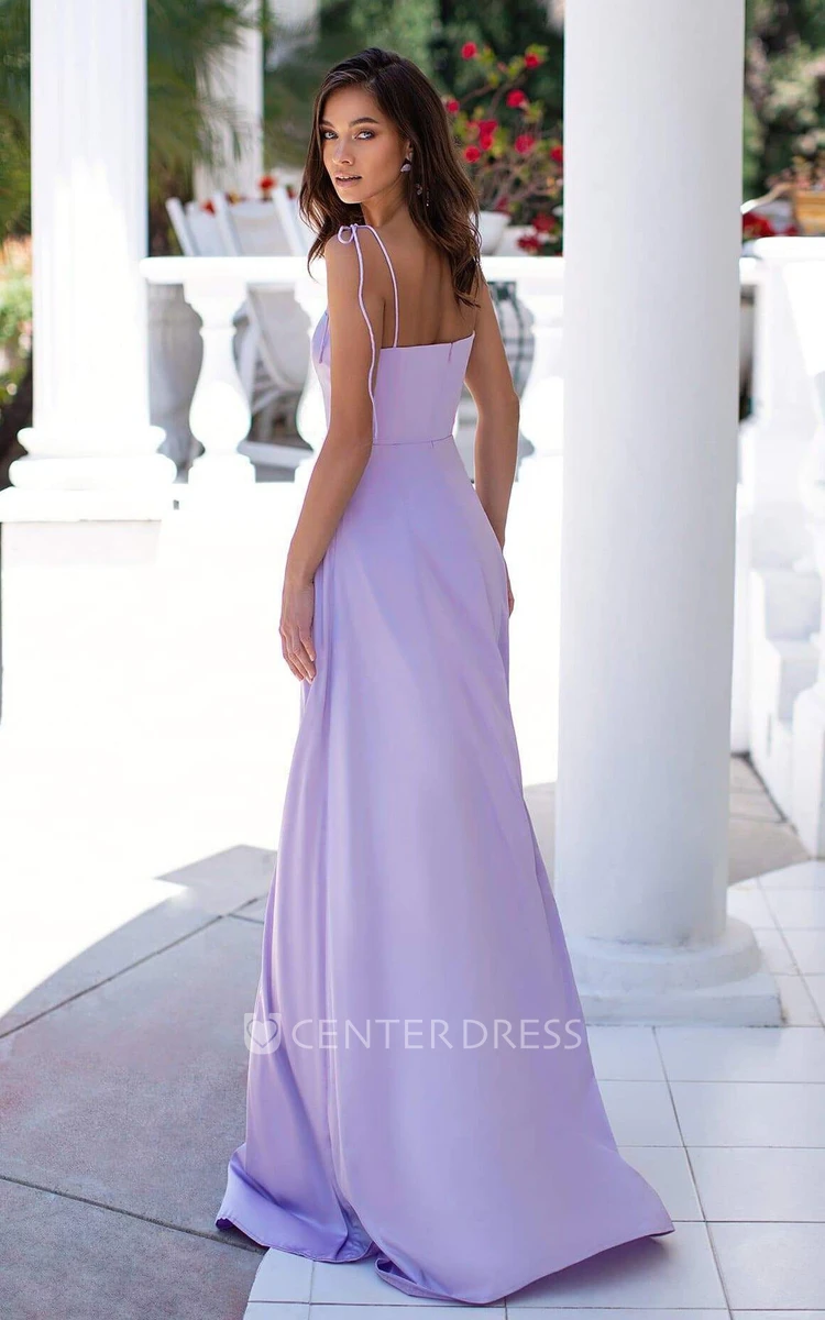 Spaghetti Square Satin Sleeveless Floor-length A Line Evening Dress with Split Front