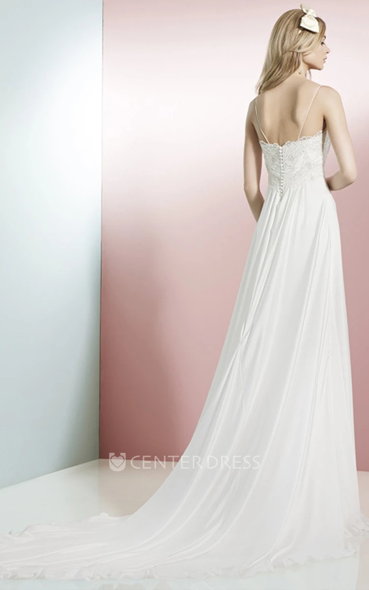 A-Line Spaghetti Floor-Length Sleeveless Lace Chiffon Wedding Dress With Appliques