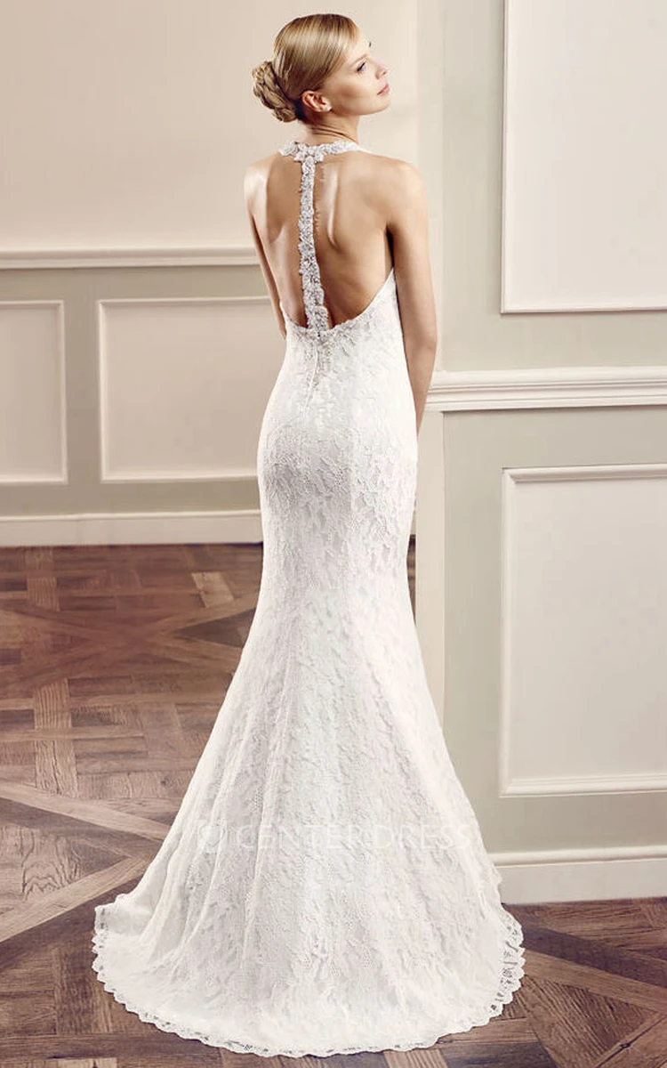 Floor-Length Halter Lace Wedding Dress With Brush Train