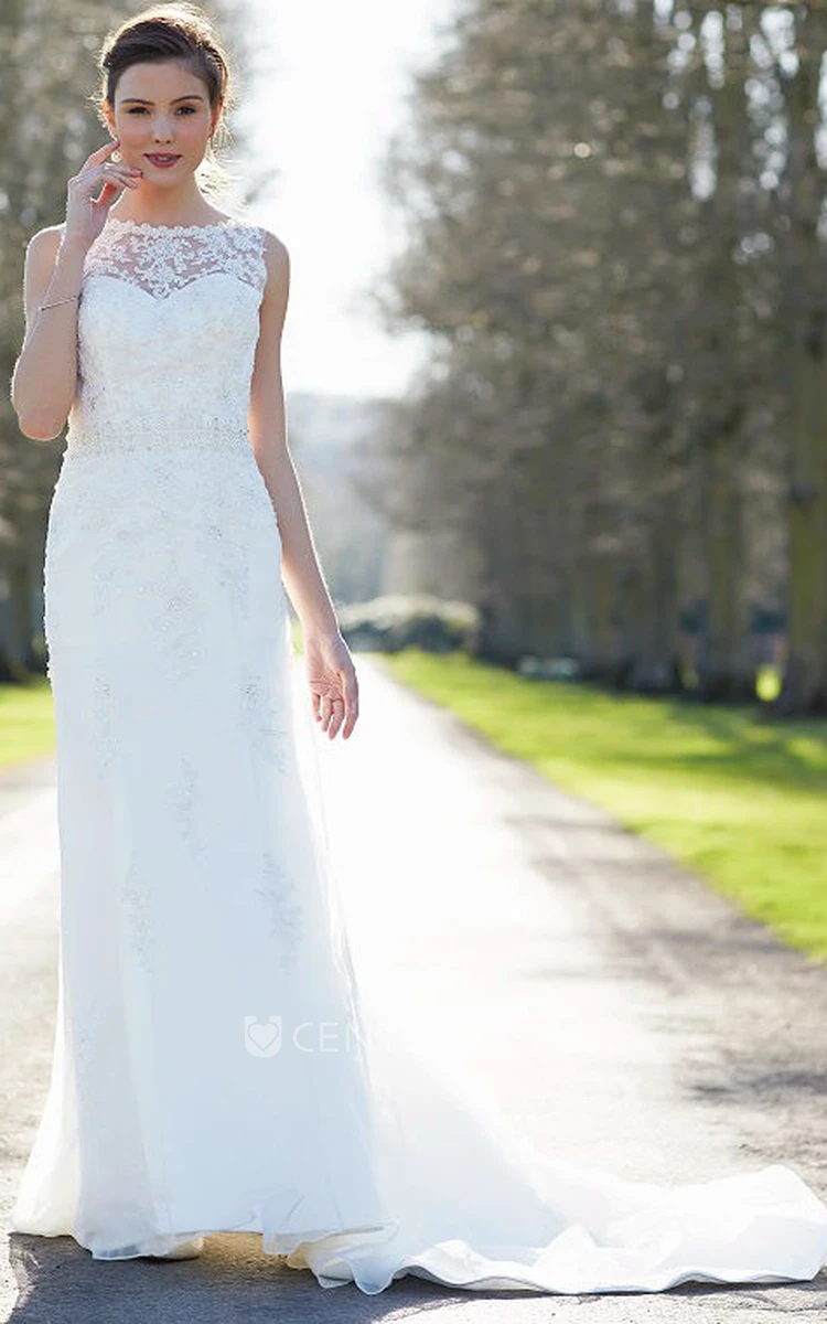 Maxi Scoop Appliqued Chiffon Wedding Dress With Sweep Train And V Back