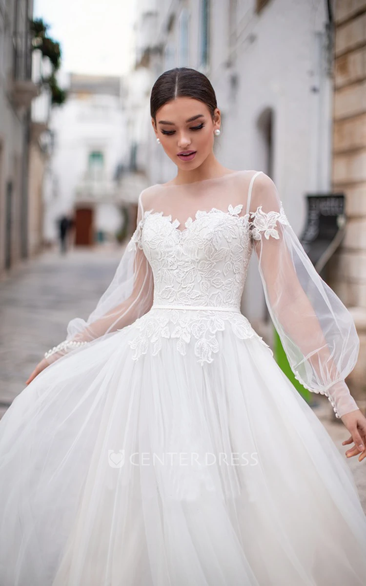 Ethereal Tulle Bateau Neck Illusion Long Sleeve Long Bridal Gown
