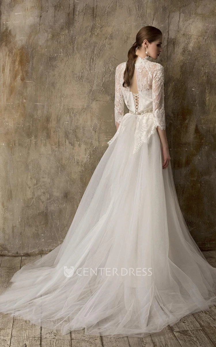 High Neck 3 4 Sleeve A-Line Tulle Wedding Dress With Detachable Tulle Skirt