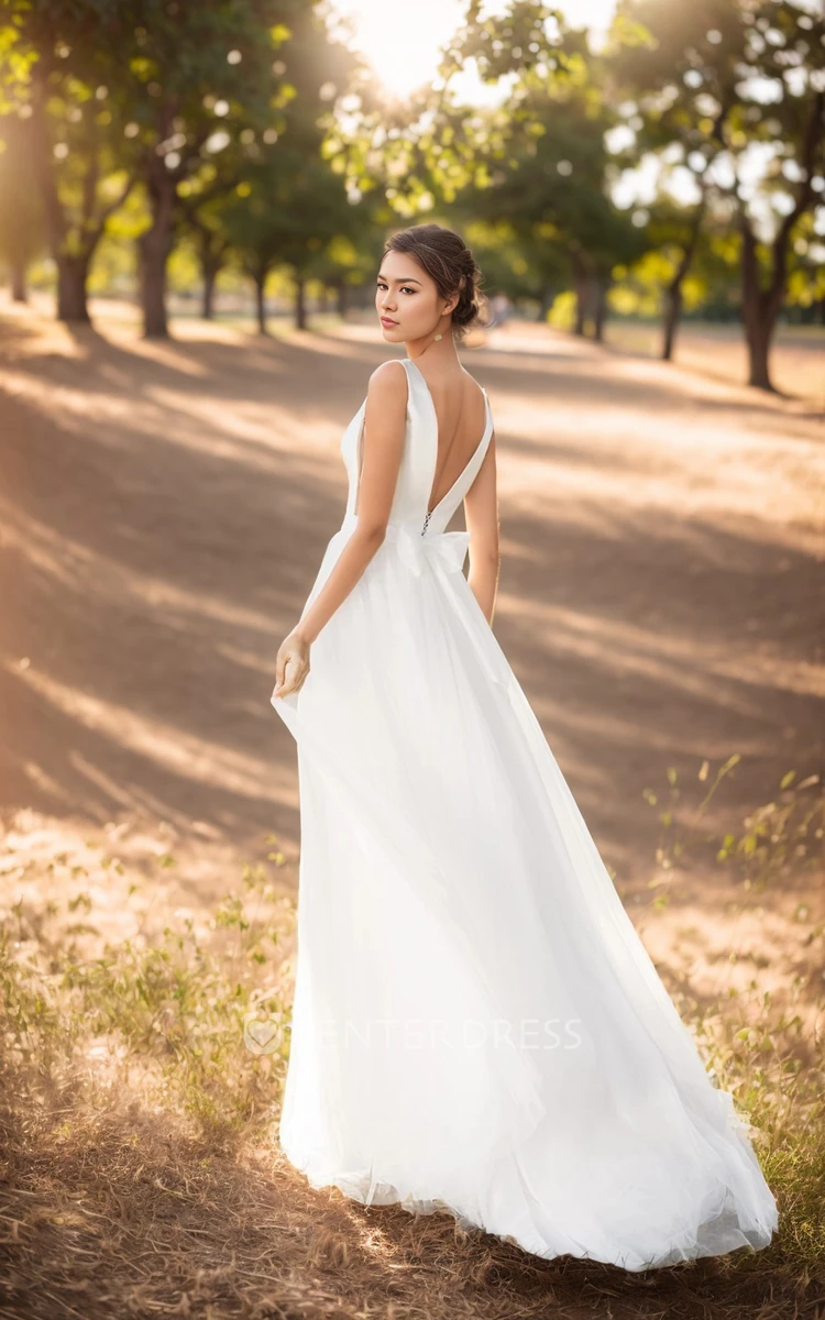 Elegant A-Line V-neck Straps Spring Wedding Dress with Deep-V Back Sweep Train
