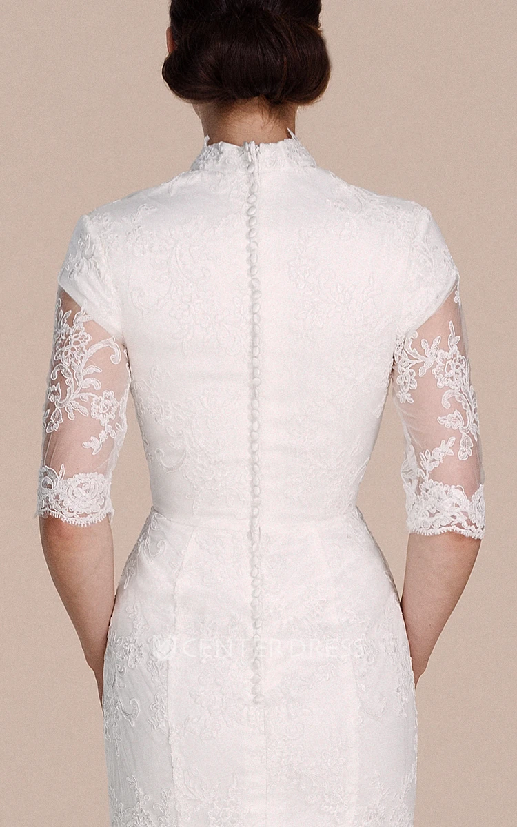 Half-sleeved Sheath Lace Dress With Illussion Detail
