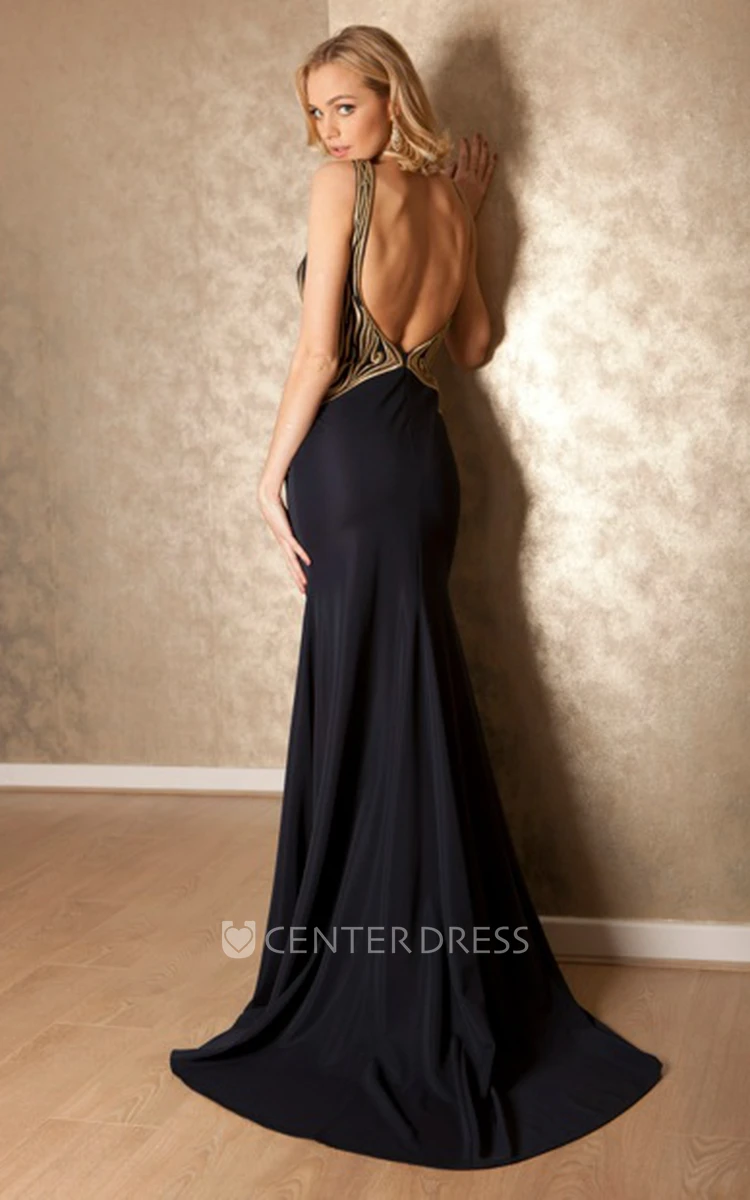 Sheath Scoop Long Sleeveless Jersey Prom Dress With Backless Style And Brush Train