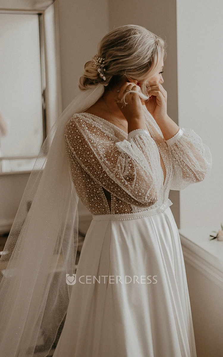 Sexy Modern Plus Size A-Line Ivory Satin Beading Wedding Dress Formal Elegant Long Sleeve Backless Bridal Gown