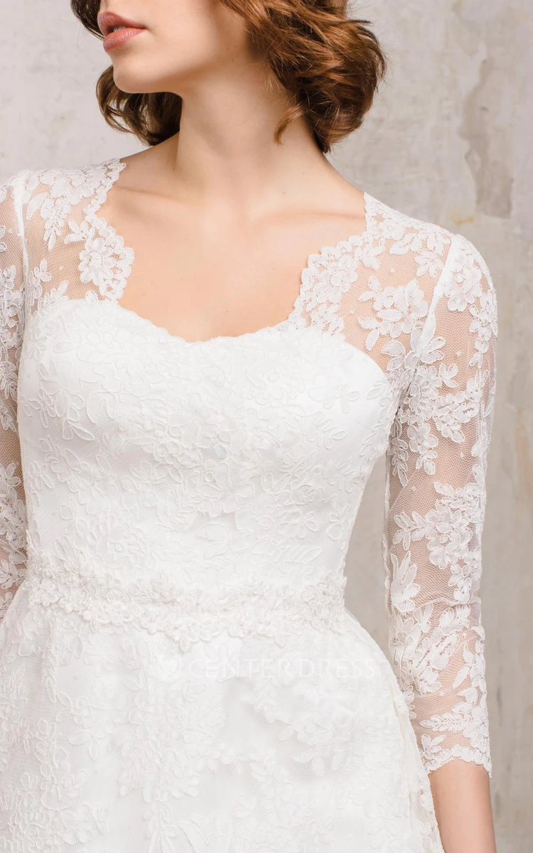 Romantic Lace A Line Floor-length 3/4 Length Sleeve Queen Anne Wedding Dress pic