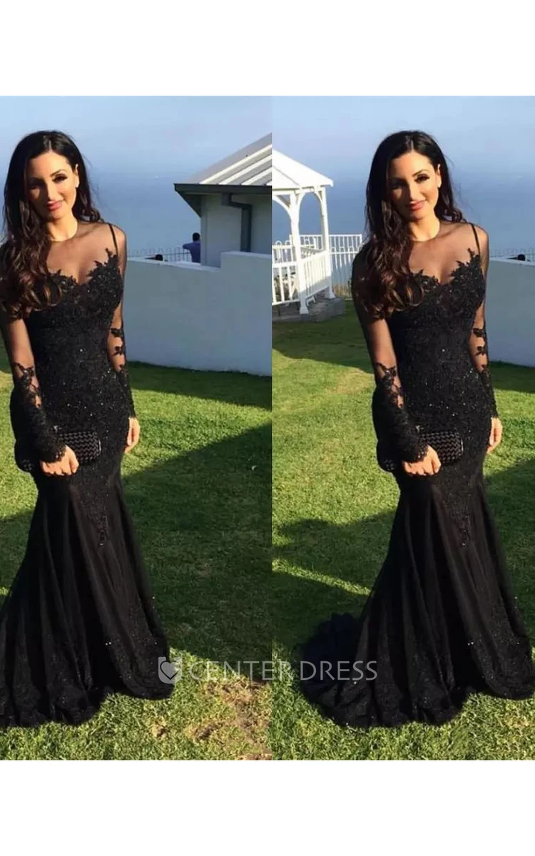 Long Sleeve Mermaid High Neck Floor-length Sweep Brush Train Lace Evening Dress with Appliques