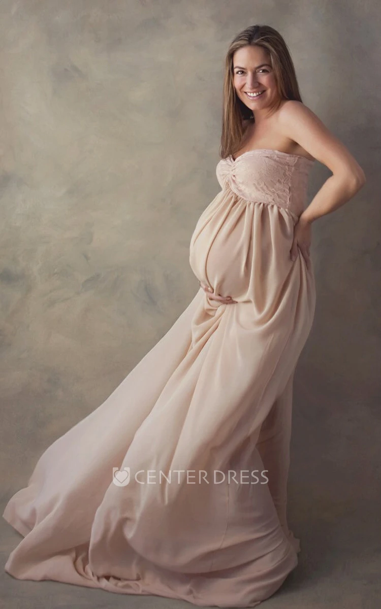 A-line Chiffon Lace Sweetheart Sleeveless Pleated Ruched Maternity Dress