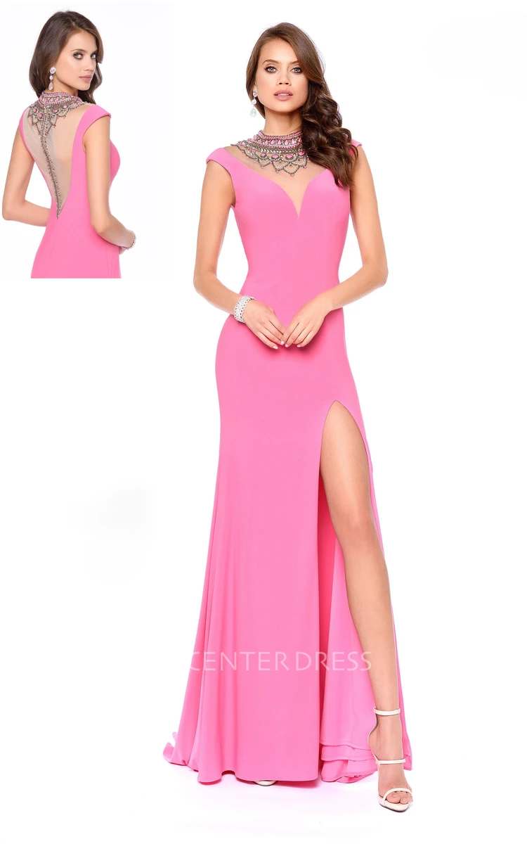 Sheath Long High Neck Cap-Sleeve Jersey Illusion Dress With Split Front And Beading