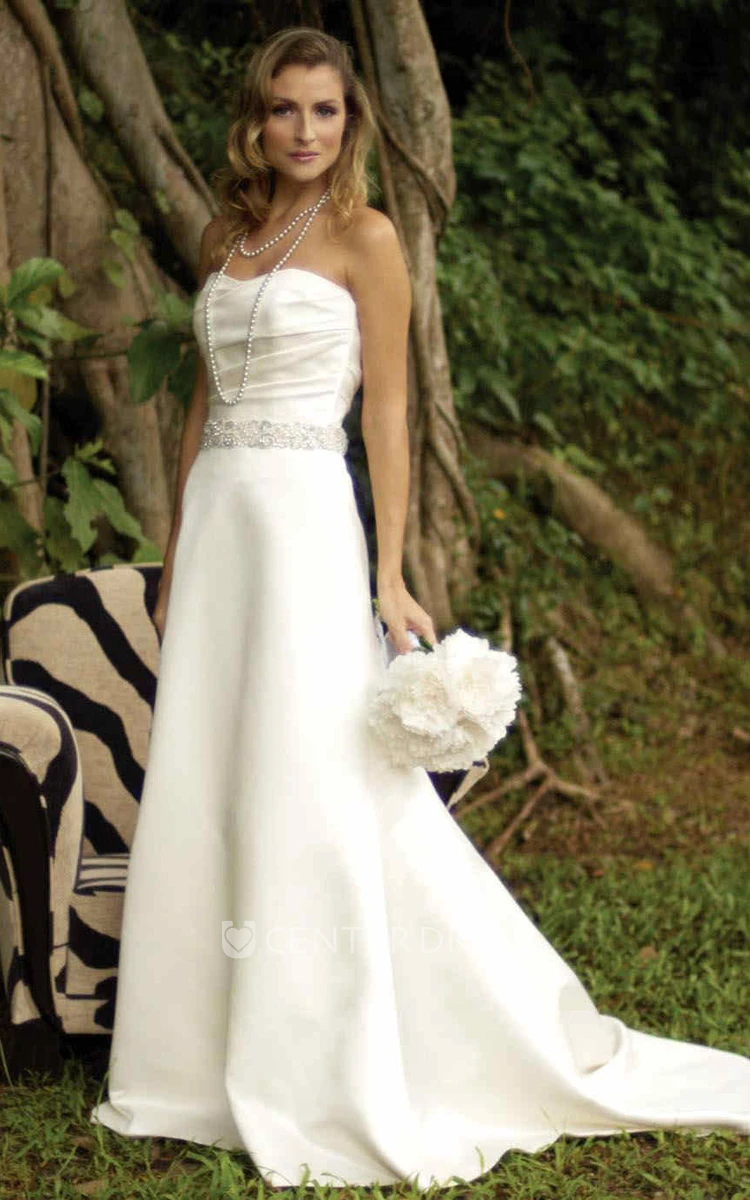 Sheath Long Strapless Satin Wedding Dress With Waist Jewellery And Zipper