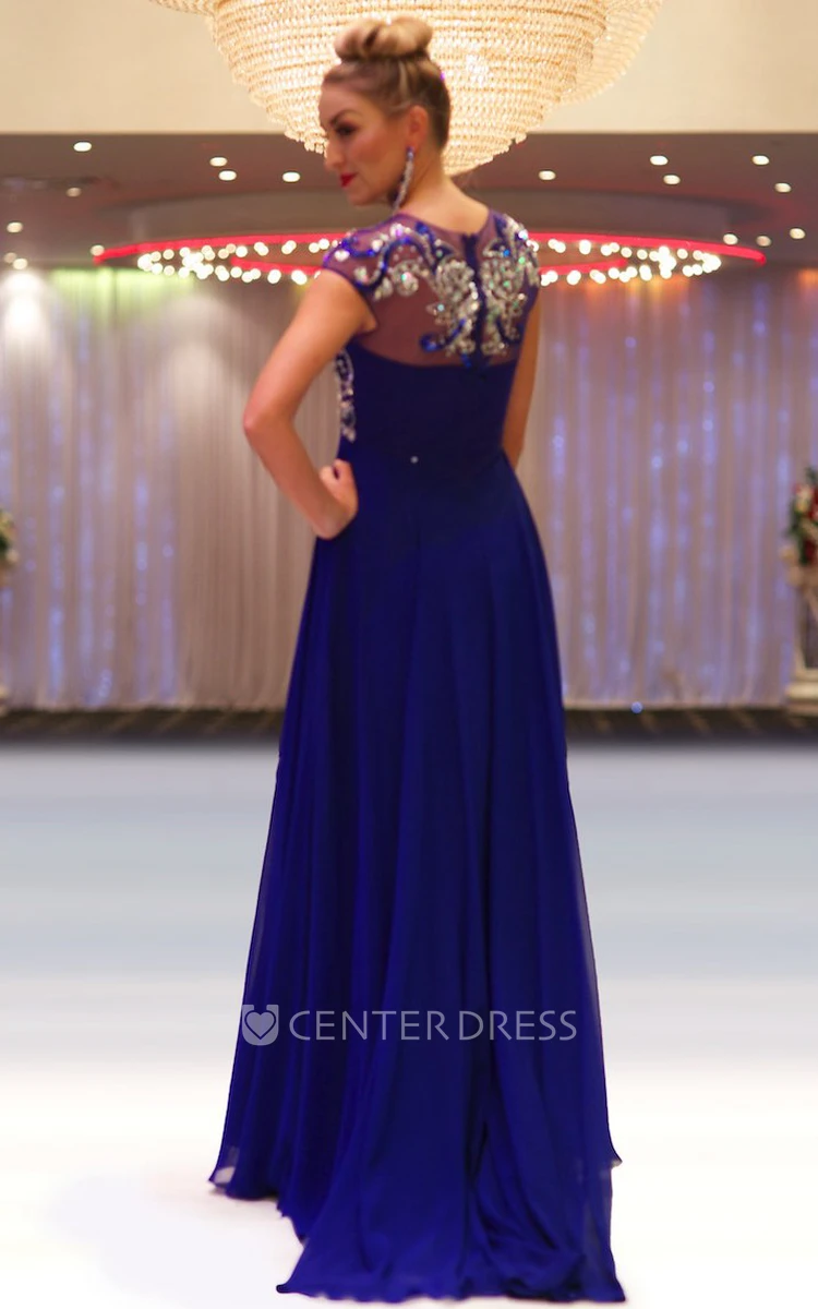 A-Line Cap-Sleeve Floor-Length Jewel-Neck Empire Beaded Chiffon Prom Dress