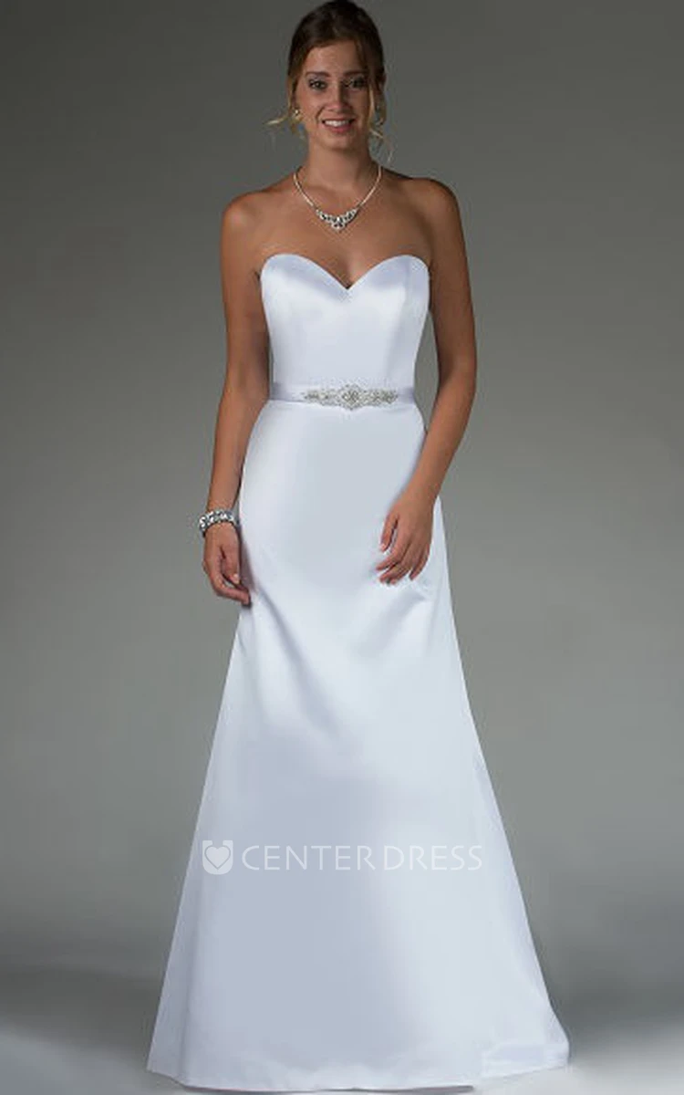 Beading Sash Sheath Satin Bridal Gown With Removable Lace Cap-Sleeve Top