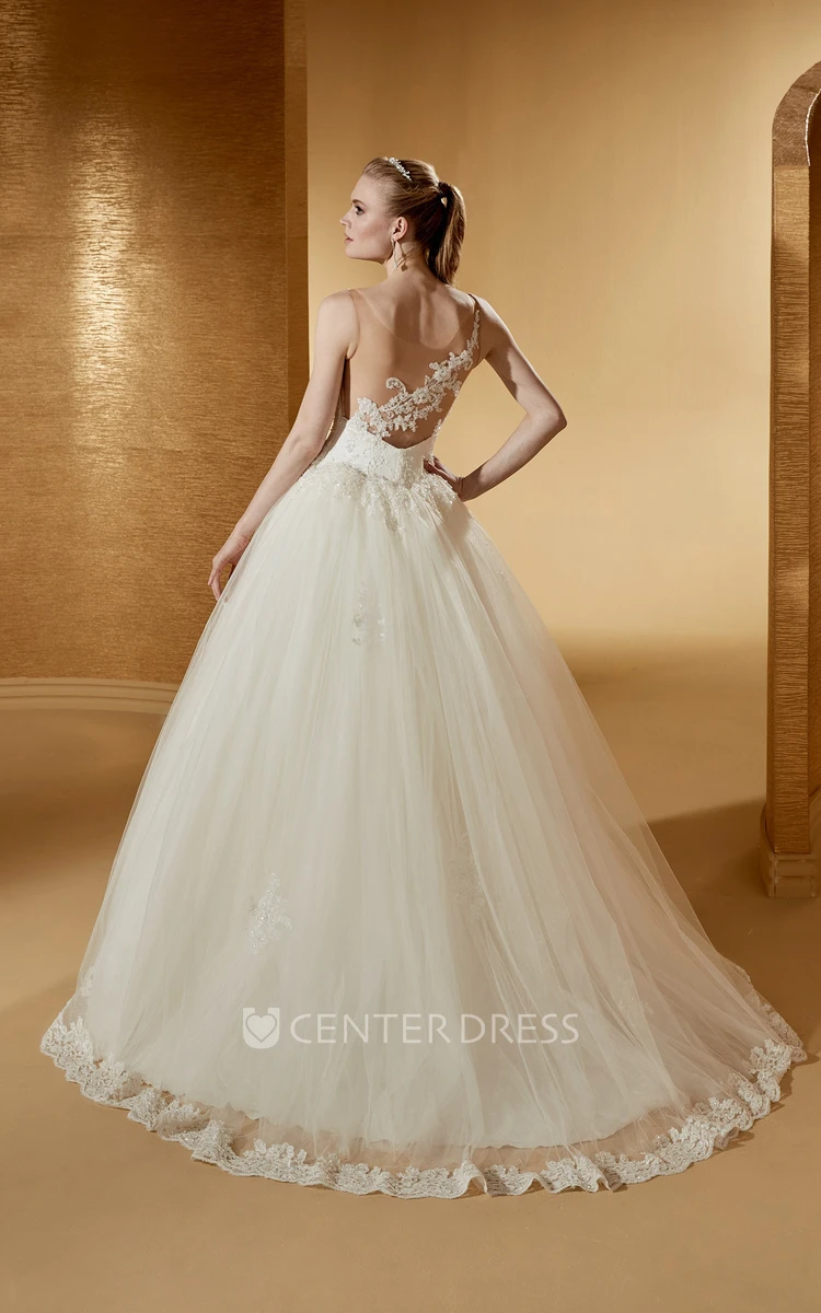 Cap Sleeve Appliques Ball Gown With Illusive Jewel-Neck And Lace Bodice