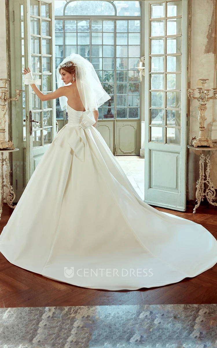 Strapless Satin Wedding Dress With Pleated Bodice And Back Bow
