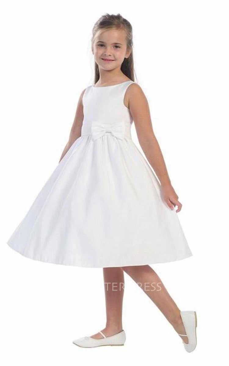 Knee-Length Bowed Tiered Sequins&Satin Flower Girl Dress With Ribbon
