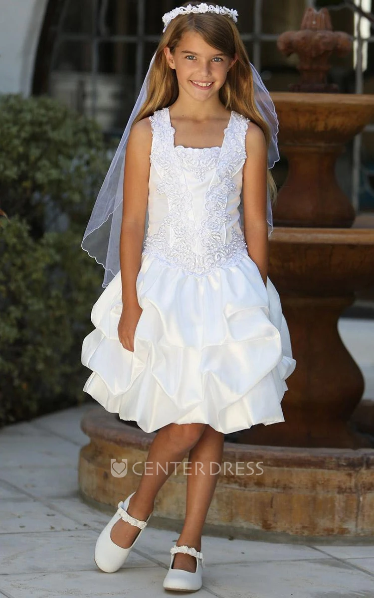 Knee-Length Appliqued Ruched Beaded Lace&Sequins Flower Girl Dress With Sequins