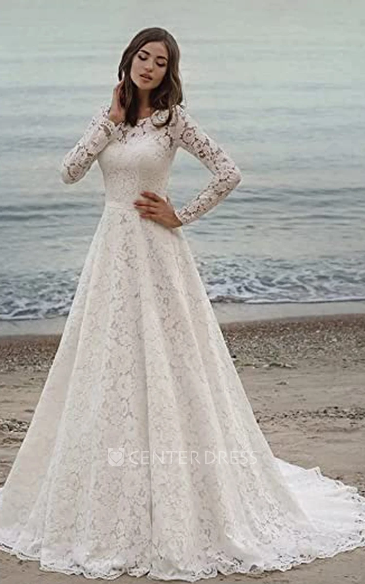 Romantic Illusion Sleeves Lace A-Line Wedding Dress with Bateau Neckline