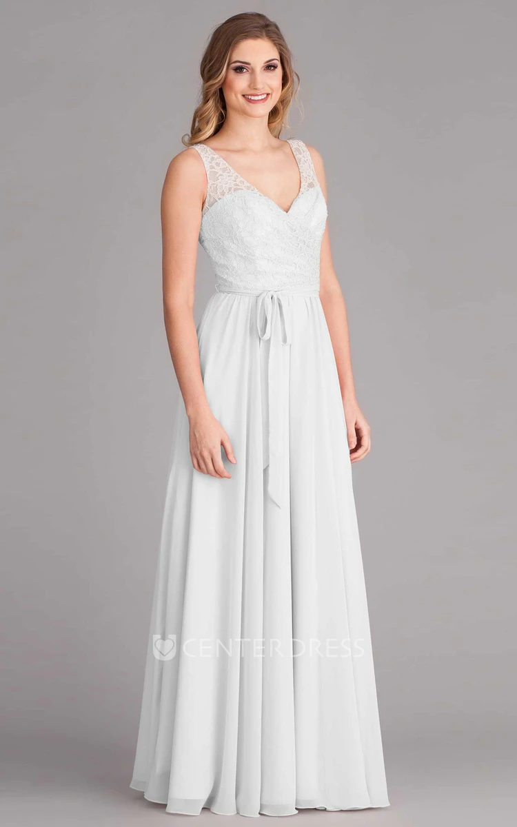 Sheath V-Neck Sleeveless Chiffon Wedding Dress With Lace