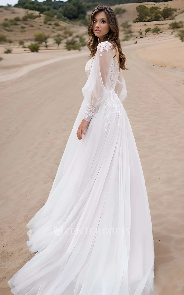 Elegant A-line Lace Wedding Dress Illusion Long Sleeve Front Split Ethereal Rustic Beach Delicate Applique Dress