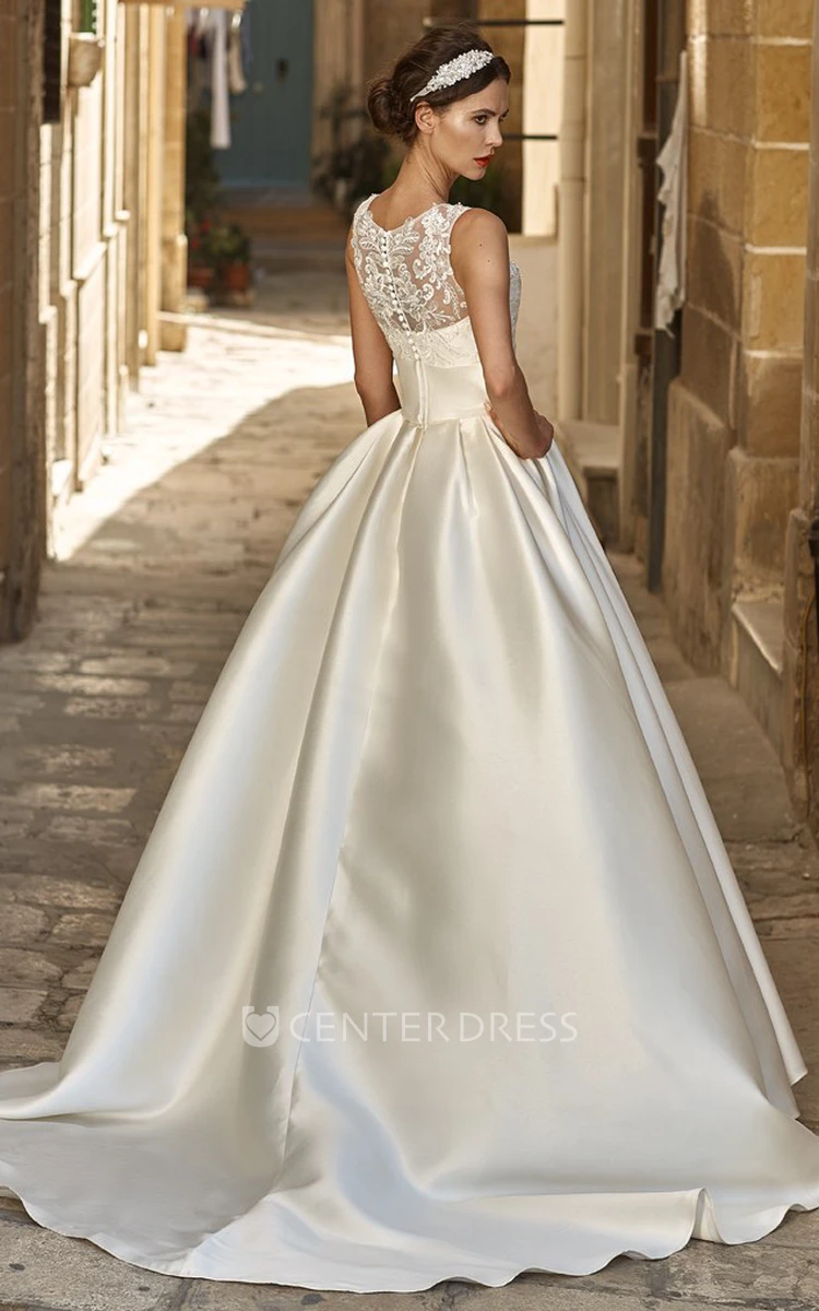 A-Line Sleeveless Floor-Length Appliqued Jewel-Neck Satin Wedding Dress