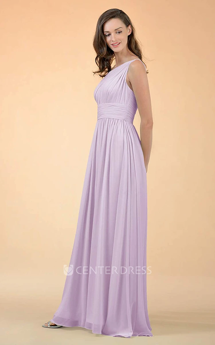 Casual Chiffon Floor-length One-shoulder A Line Sleeveless Bridesmaid Dress With Ruching