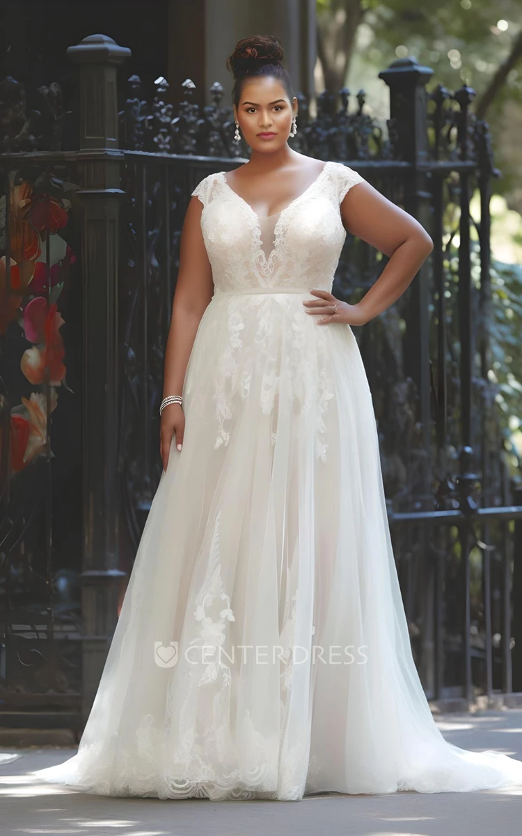 A-Line Plus Size Chiffon and Lace Wedding Dress Sleeveless Romantic Sexy V-neck