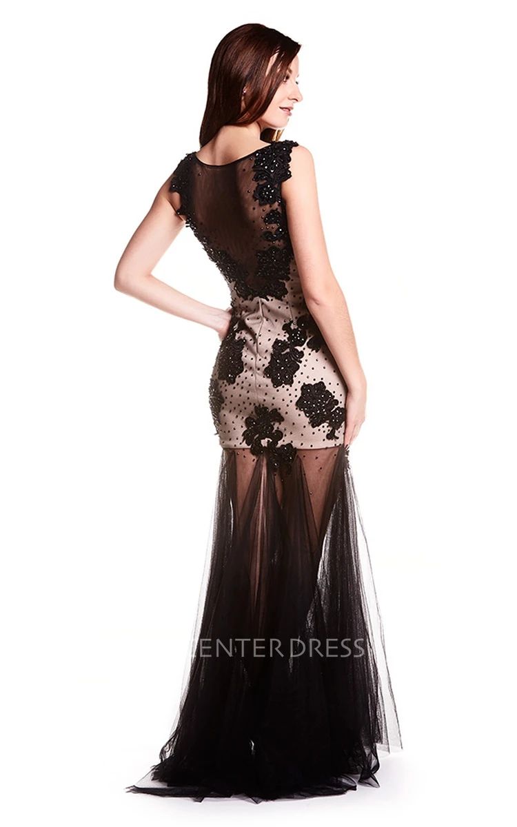 Sheath Jewel Sleeveless Floor-Length Beaded Tulle Prom Dress With Illusion Back
