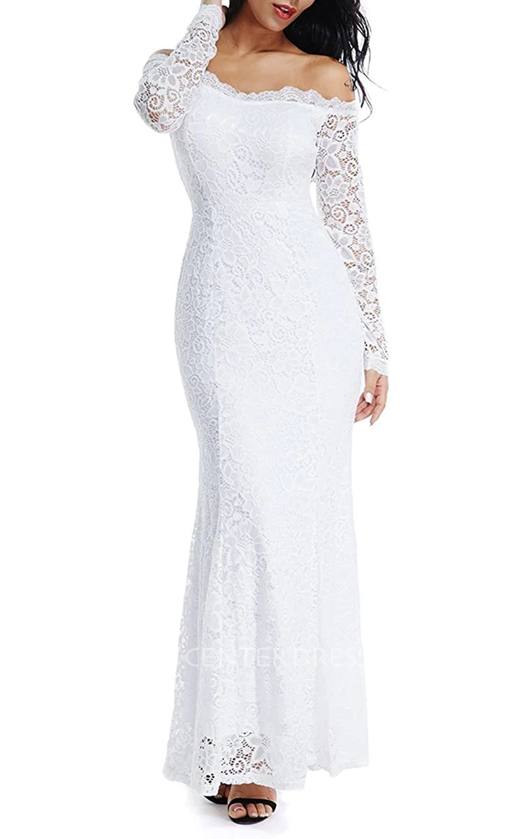 Elegant Lace Long Sleeve Mermaid Off-the-shoulder Prom Dress With Sash
