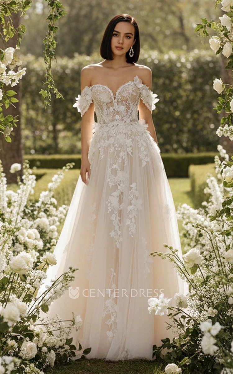 Elegant Off Shoulder A-Line Wedding Dress with Floral Lace Appliques and Tulle Skirt Garden Ceremony Bridal Gown