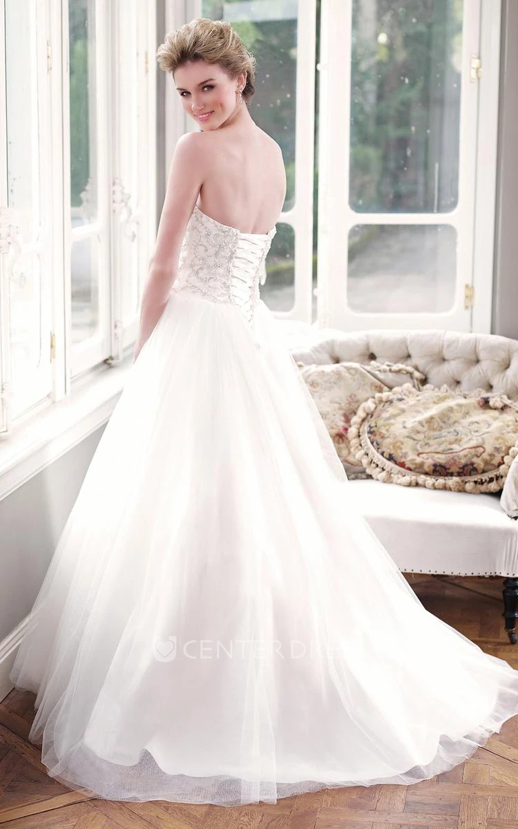 A-Line Floor-Length Sweetheart Tulle Wedding Dress With Beading And Corset Back
