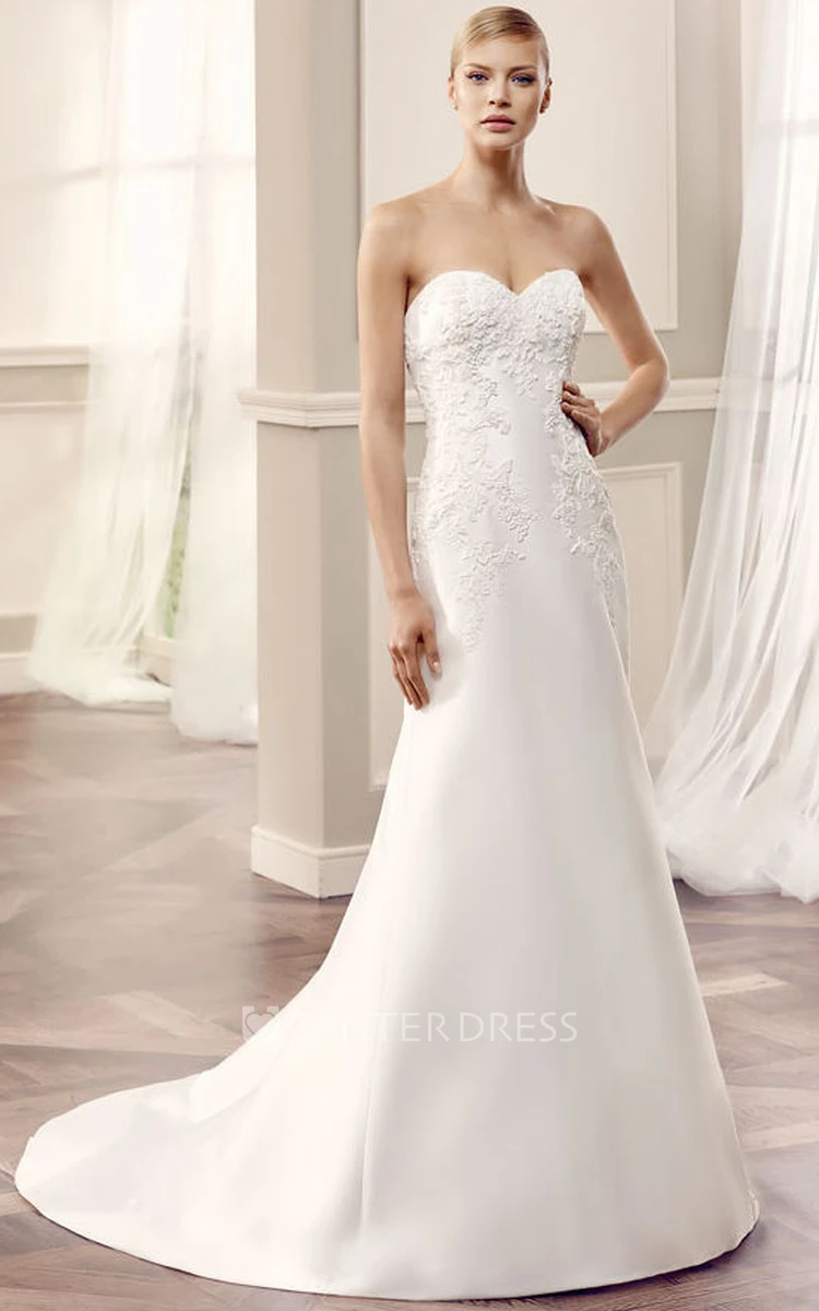 Maxi Sweetheart Appliqued Satin Wedding Dress With Court Train And V Back