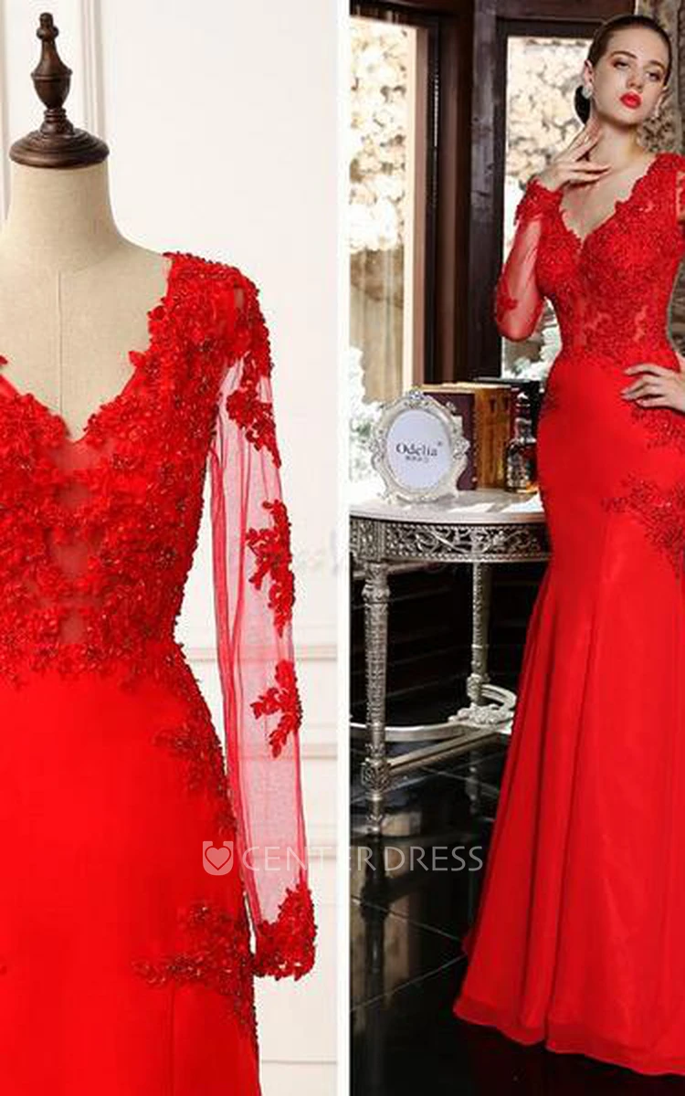 Sexy Red Long Sleeve Mermaid Prom Dress With Lace Appliques Sweep Train