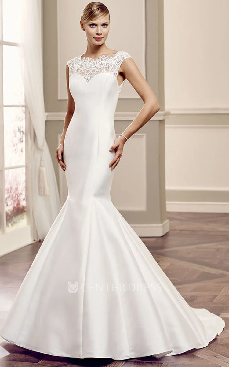 Scoop Long Lace Cap-Sleeve Satin Wedding Dress With Court Train And Keyhole
