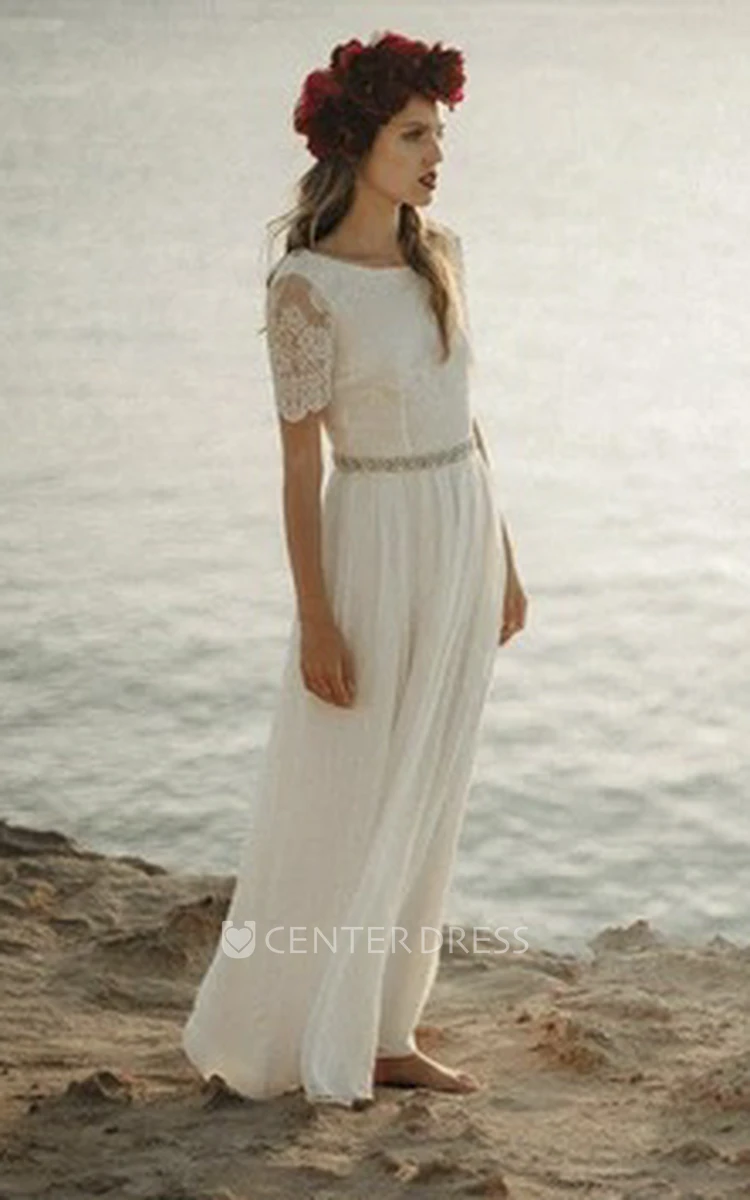 Boho Sheath Bateau Bridal Gown With Short Sleeve And Lace Open Back