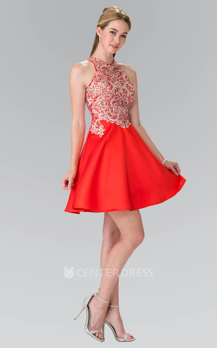A-Line Short Jewel-Neck Sleeveless Satin Dress With Appliques And Beading