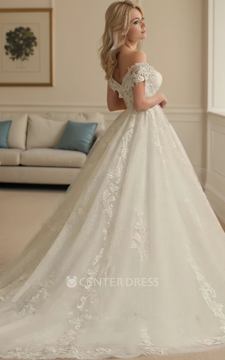 Elegant Romantic Boho Lace Off the Shoulder Court Train Wedding Dress with Appliques and Sequins