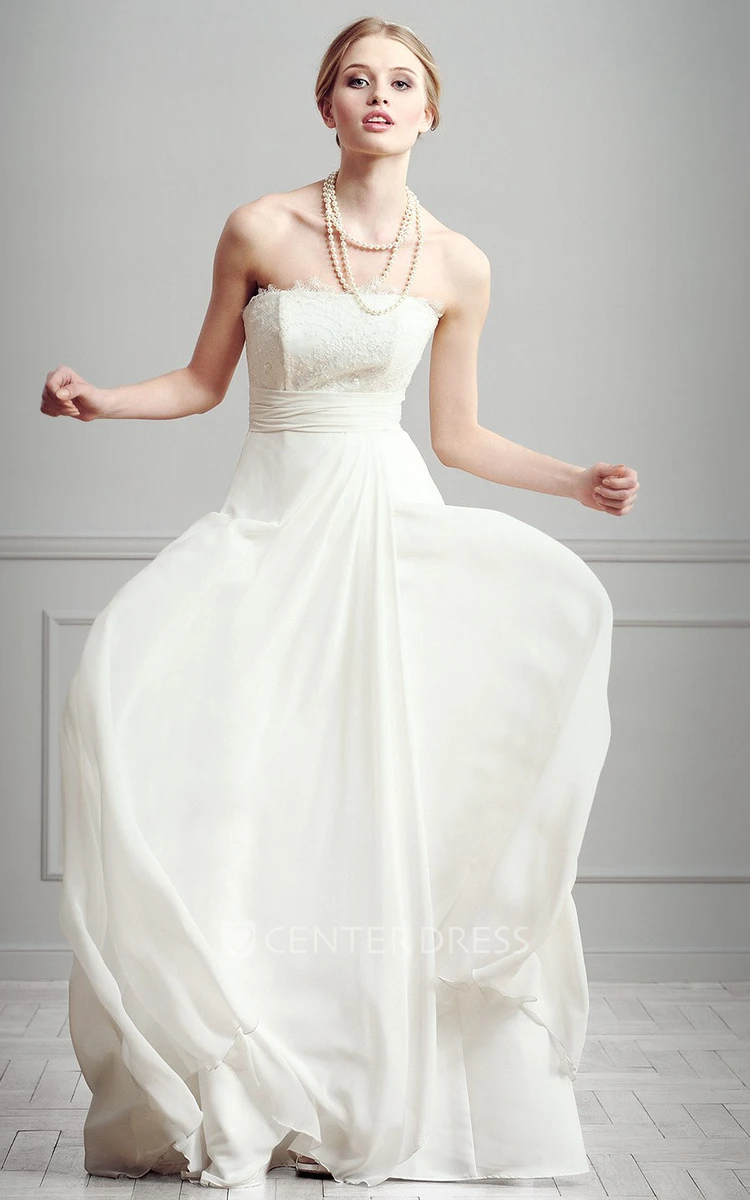 Sheath Lace Strapless Floor-Length Sleeveless Chiffon Wedding Dress