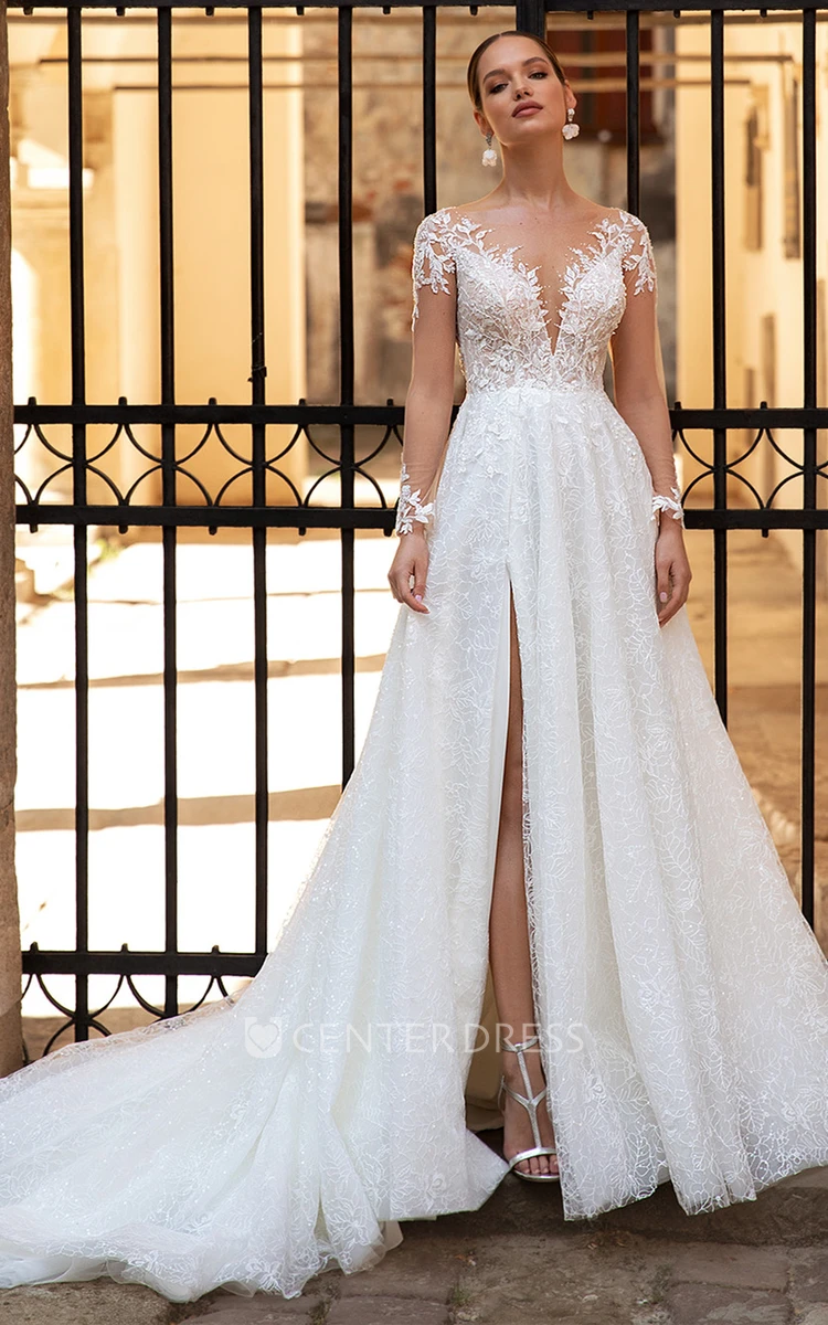 Casual Plunging Neckline A Line Tulle Wedding Dress with Split Front and Beading