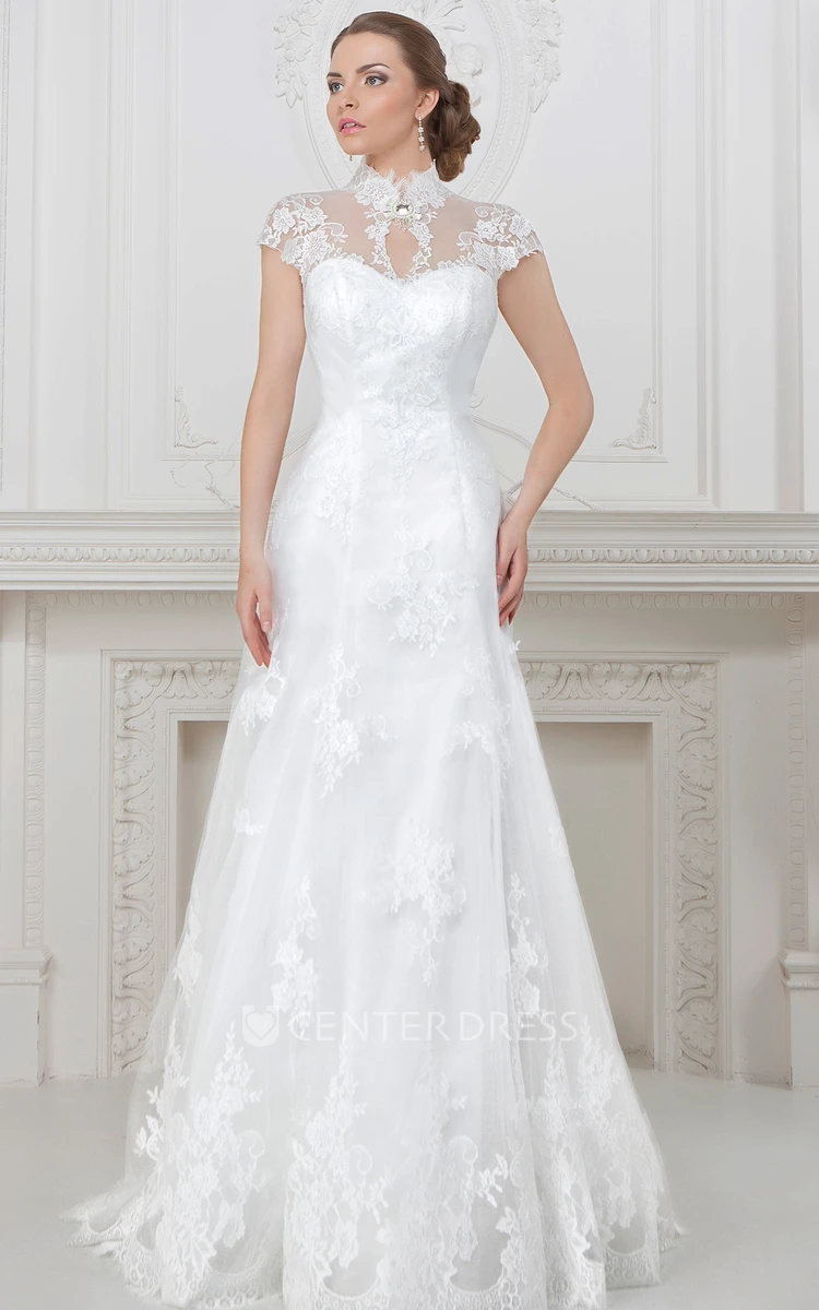 A-Line Cap-Sleeve Maxi High Neck Lace Wedding Dress With Corset Back