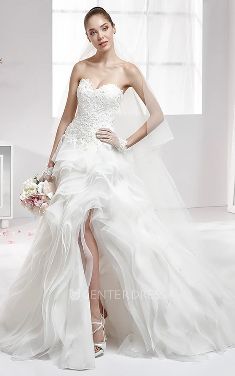 Sweetheart High-Low Wedding Gown with Ruffled Skirt and Lace Corset