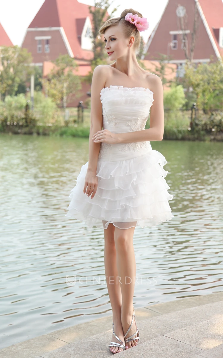 Romantic Strapless Sleevelss Short Organza Wedding Gown With Layered Ruffles