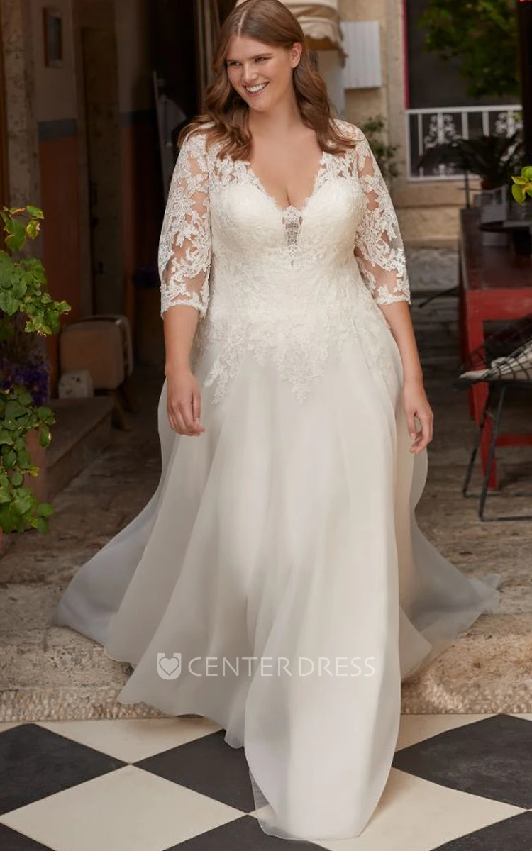 Modern Tulle A Line Floor-length 3/4 Length Sleeve V-neck Wedding Dress with Appliques