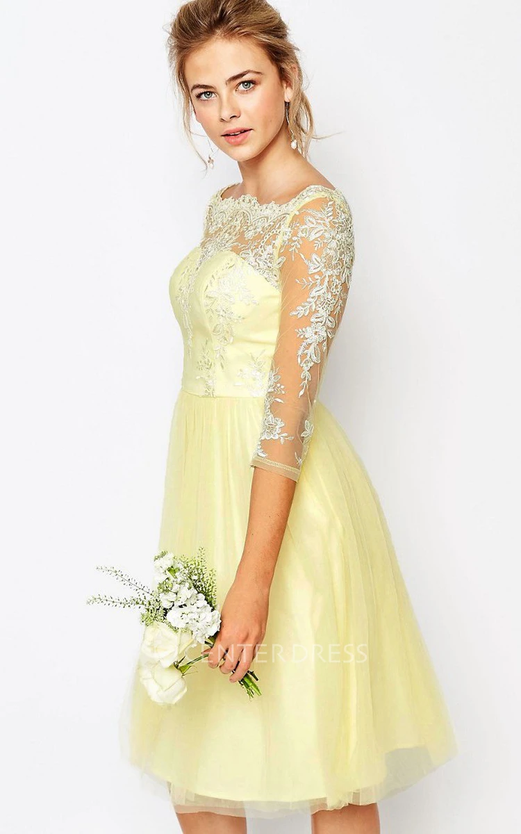 Knee-Length A-Line 3-4 Sleeve Appliqued High Neck Tulle Bridesmaid Dress
