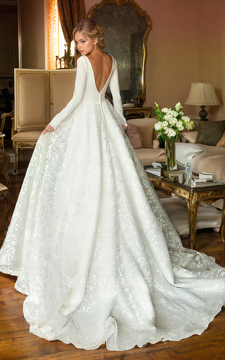 A-Line V-neck Floor-length Long Sleeve Ethereal Lace Bride Wedding Dress with Train Deep-V Back