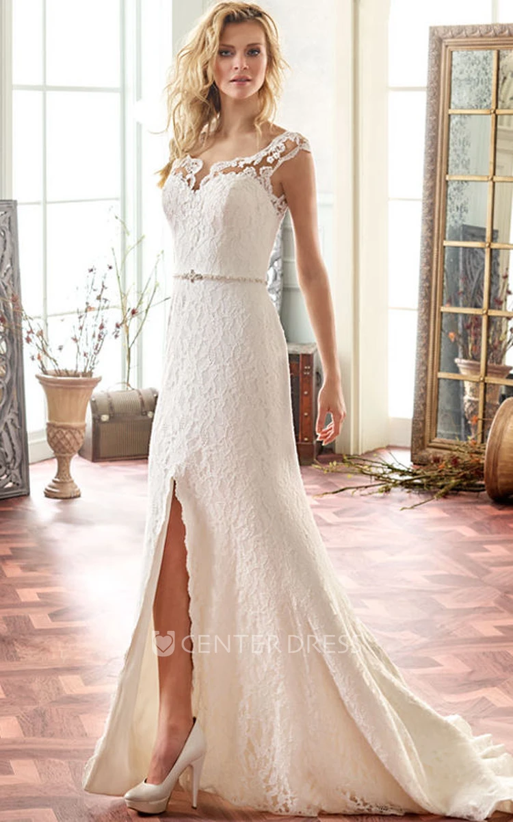 Square Long Split-Front Lace Wedding Dress With Sweep Train And Illusion