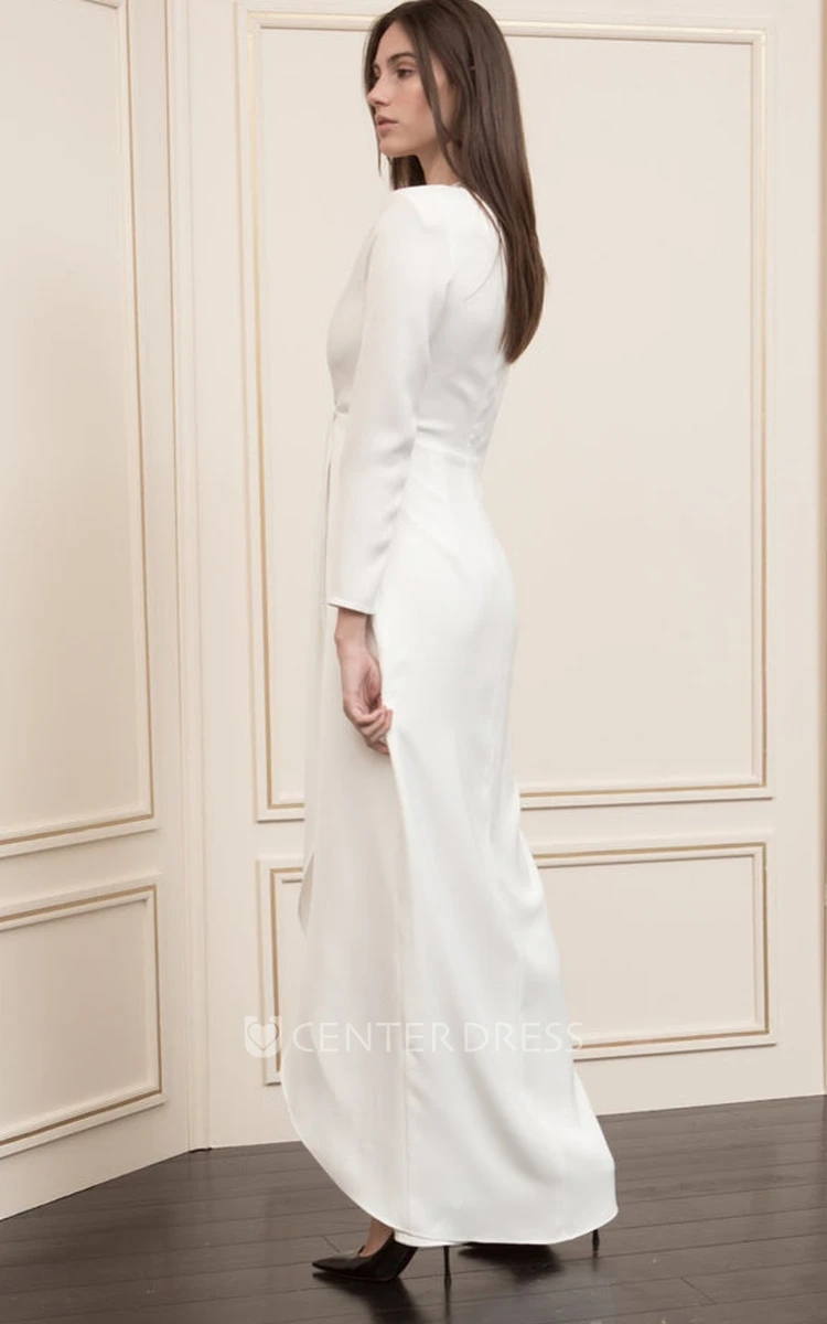 Modern V-neck A Line Ankle-length Long Sleeve Charmeuse Evening Dress with Split Front