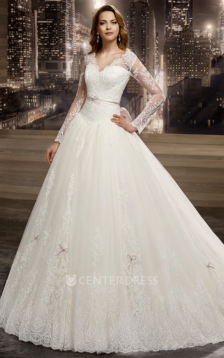 Simple Illusion Long Sleeve V Back Country Bridal Dress - Xdressy